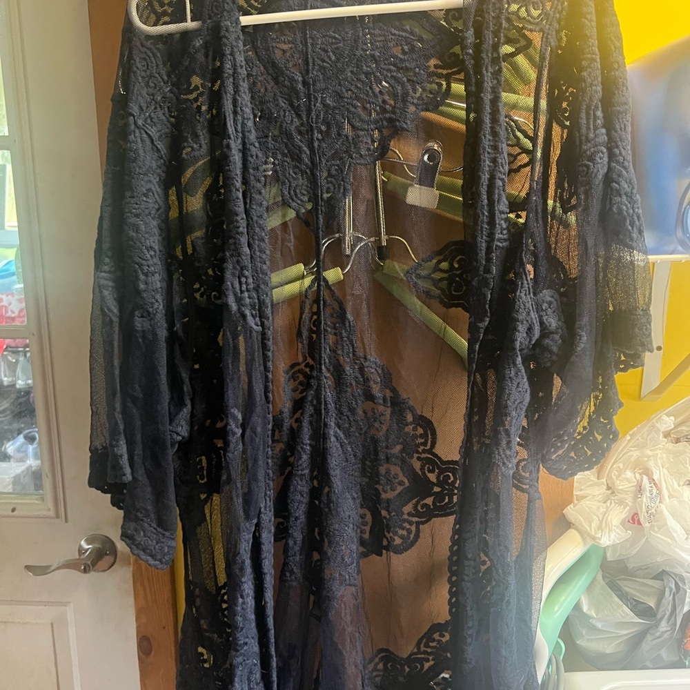 Sheer navy Lace Kimono Cover-Up boho 2-3x